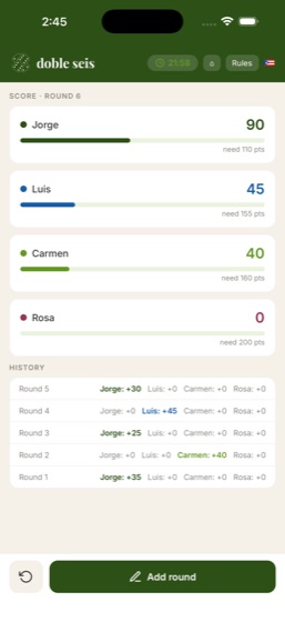 doble seis — Live scoreboard